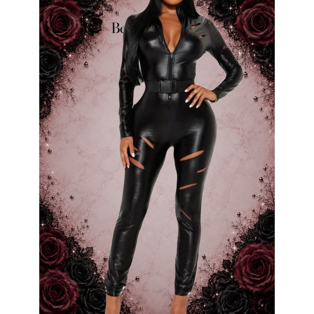 Preowned EUC Fashion Nova Cat Fight Slashed Catwoman Costume Jumpsuit & Belt –